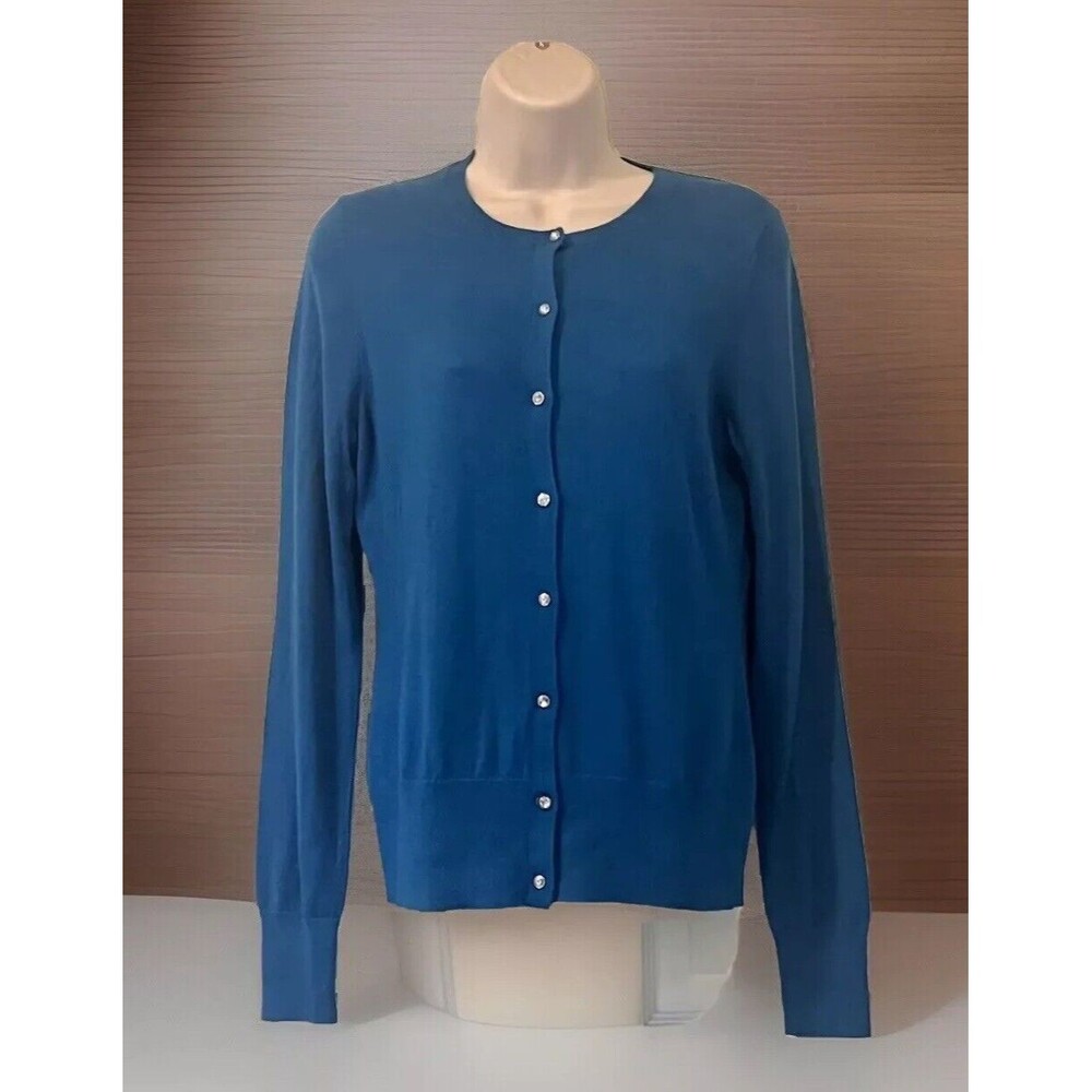 Ann Taylor Rhinestone Button Lightweight Cardigan Womens S Teal Jackie O Bling
